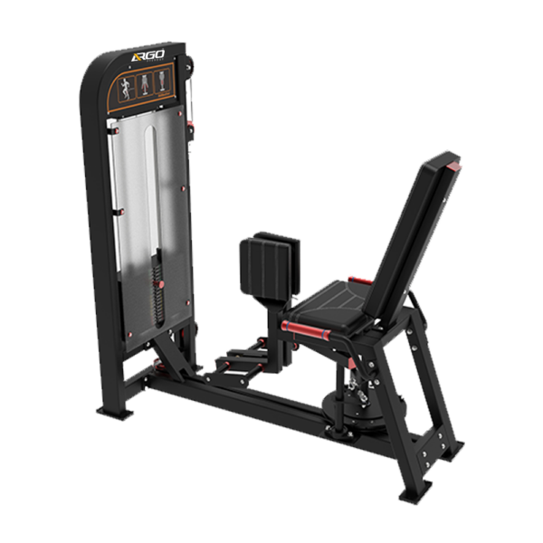 Black ARGO Fitness leg extension machine with padded seat and backrest, and a weight stack on the left for leg exercises in a commercial gym setup