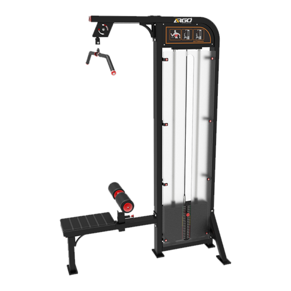 Vertical multi-gym strength machine with weight stack, pulleys, and red handles.