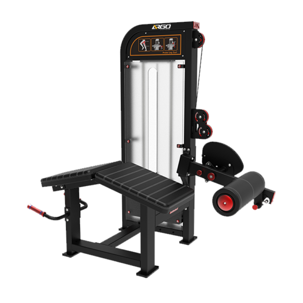 ARGO Fitness   Leg extension gym machine with a padded bench and vertical weight stack black and silver framing