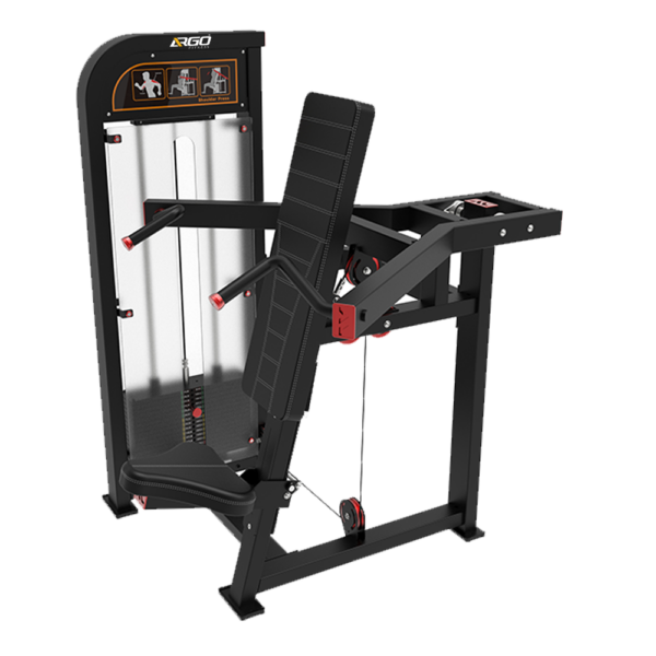 ARGO gym machine with padded seat and backrest, featuring lever arms for leg extension and shoulder press at a weight-stack station